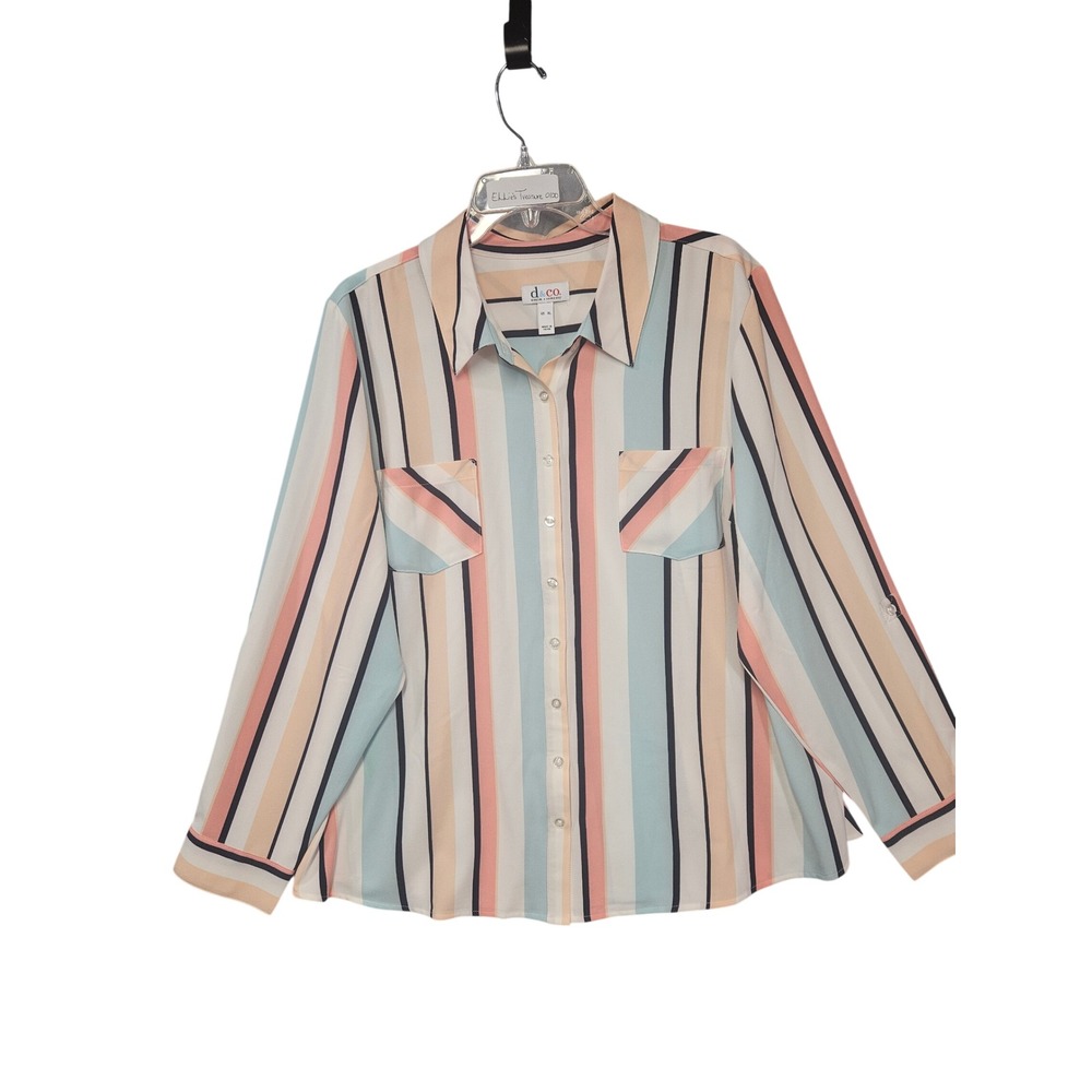 Denim & Co Womens XL Striped Button Down Shirt Roll Tab Sleeve Peach Blue Cream